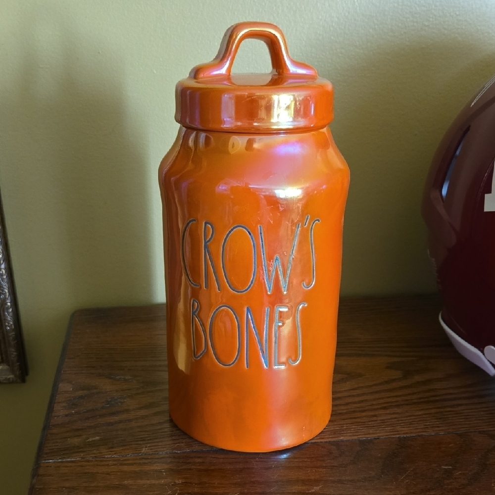 Rae Dunn Artisan Collection Iridiscent Orange Crows Bones Halloween Jar 10 Inch